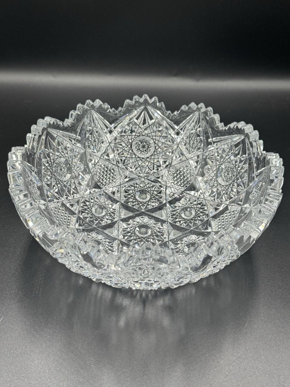 Antique American Brilliant Period Hand Cut Crystal Serving Bowl 8” Sawtooth Rim